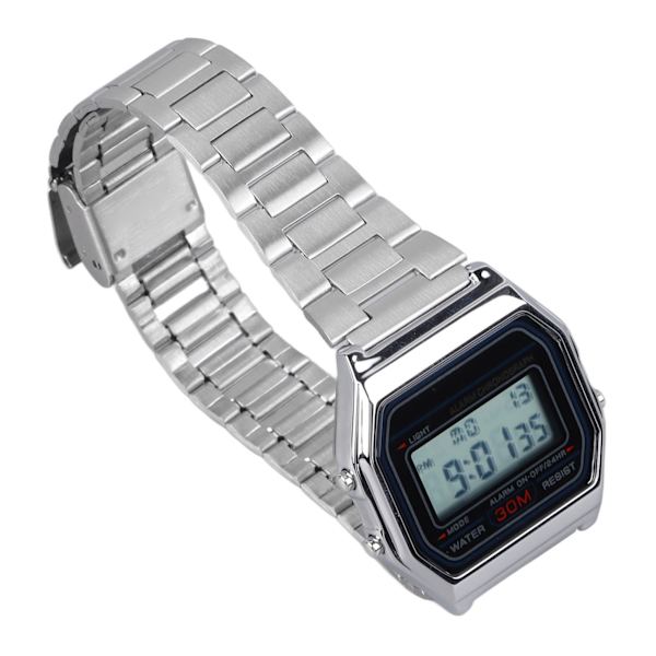Man Vintage Watch Rostfritt stål Armband Digital Watch Vattentät Lätt Luminous Armbandsur Silver