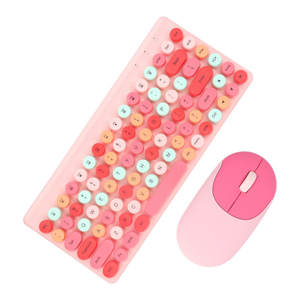 USB Tangentbord Mus Trådlös Söt Mix Färg 86 tangenter Retro Rund Konkav Keycap 1200DPI Gaming Tangentbord Mus Rosa