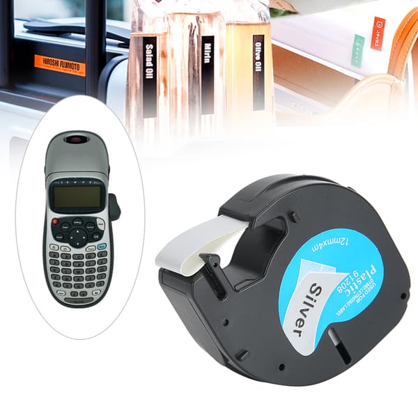 Tarranauha Dymo 12mm hopeataustalla mustalla tekstillä, tarratulostimen tarvikkeet 91208