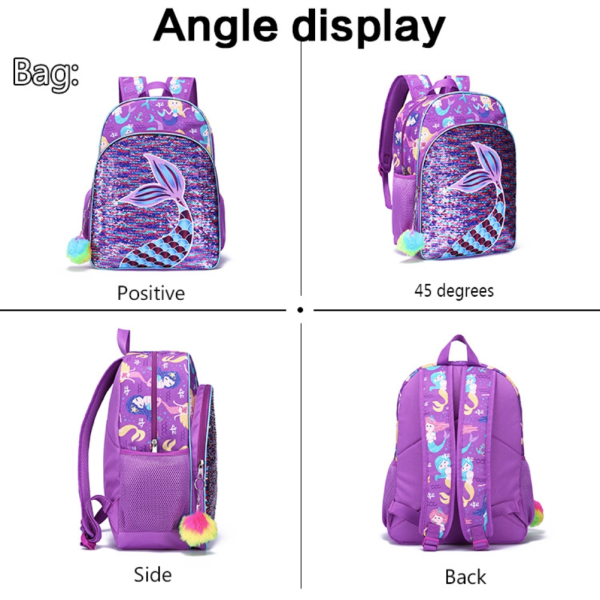 3 i 1 Kid Bokväskor Set Flickor Sjöjungfru Paljetter Ryggsäck med Lunchväska Case för Skol Utomhus Resor Camping Picknick