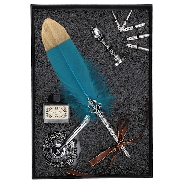 Fjærpenn Vintage Skrivetegning Penn Utskiftning Nib Seal Tom Blekkflaske Kit Blå