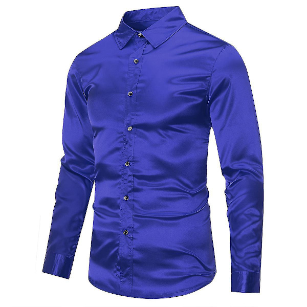 Blank Blå Slim Fit Herre Casual Mote Lang Ermet Formell Skjorte XS
