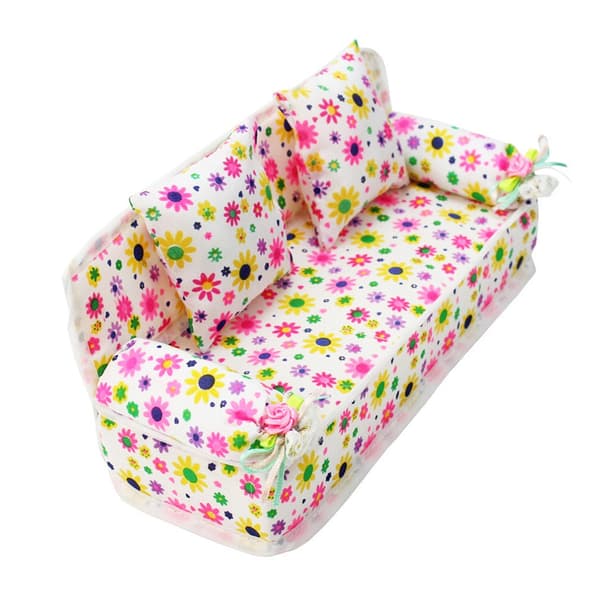 Barn Miniatyr Blomstersofa Mini Stoff Blomstertrykk Sofa med Puter Leketøy Dukkehusmøbler Leker