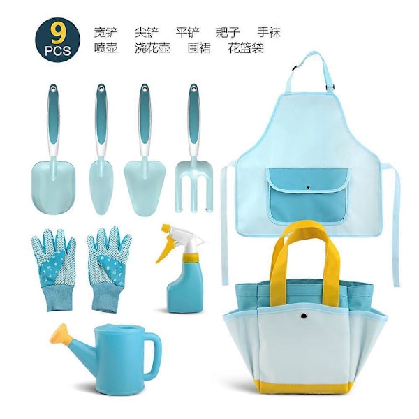 Trädgårdsredskapsset för barn, nio delar - Spade, kratta, handskar, sprinkler, blomkruka, förkläde, blomkorg väska rosa ZD NJ 9pcsPink set