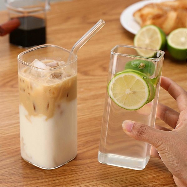 Fyrkantig Värmebeständig Kaffeglas Kopp Med Lock och Sugrör