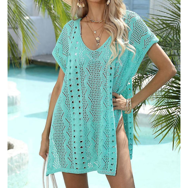 V-ringad stickad bikini-cover-up för damer, sommarstrand, badkläder, sjögrön