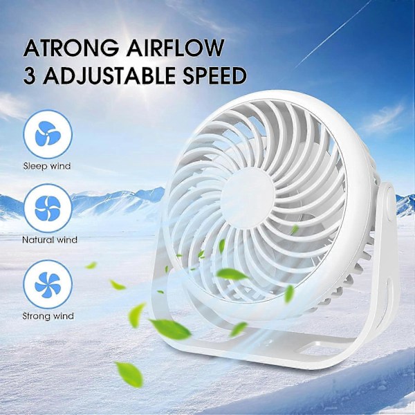 360° Rotation Mini USB (Hvid) Bærbar Støjsvag Ventilator med Krog 1800mAh Batteri til Kontor Soveværelse Telt Rejse