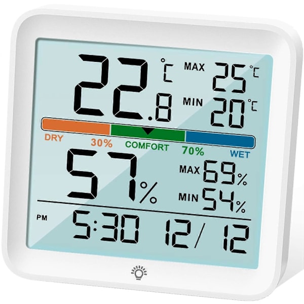 (Vit) Hygrometer Inomhus Termometer - Digital Fuktmätare Noggrann Temperaturmätare med Kalibrering MAX/MIN-Register, LCD Bakgrundsbelysning Clo 1 st