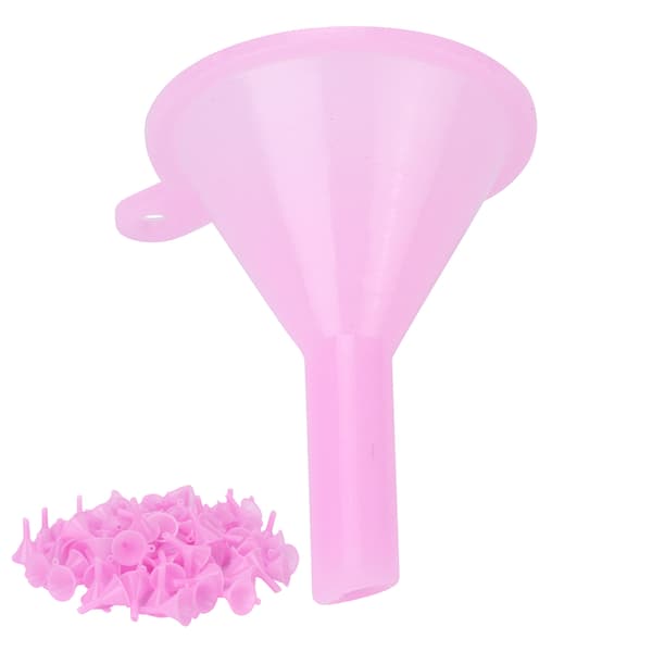 100 stk. mini-skilletragt af plast til tonere og kosmetik, lyserød