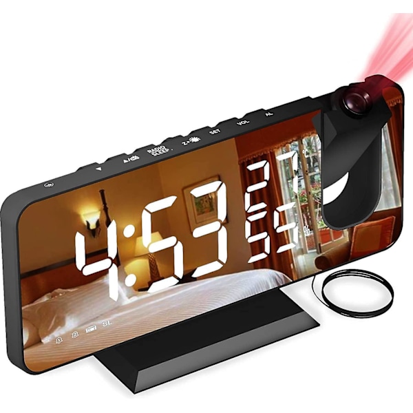 Projektor med radio, digital klocka, USB-radio med dubbla alarm och 7 LED-spegelskärm, Snooze, 4 ljusstyrkenivåer, 12/24h, 15 volymnivåer, för hem, kontor