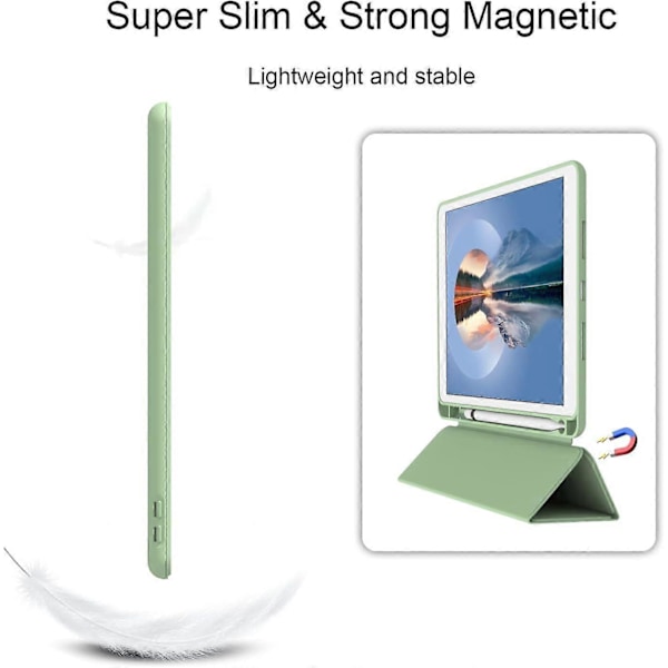Matcha Grön, Skyddsfodral för iPad10.2/iPad10.5/iPad9/iPadAri3, Tunt och Mjukt Trefaldigt Ställ Smart Fodral, Automatiskt Sov-/Vakna-fodral med Pennhållare