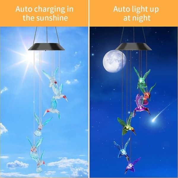 Fargeskiftende Blue Bird Solar Wind Chime Lights - Vanntett LED Hengende Solar Garden Light for Home