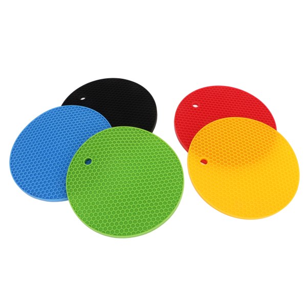 5Pcs Round 7 Inch Silicone Trivet Mat Heat Resistant Silicone Pot Holders Yellow Black Red Blue Green