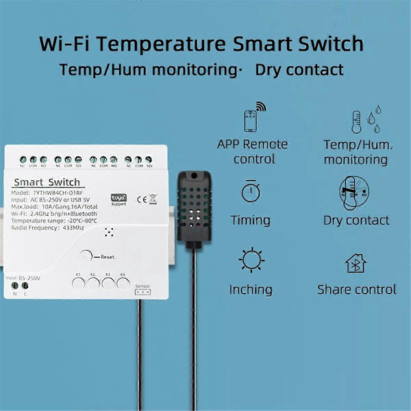 Tuya Smart WiFi 4-kanalsreläbrytare RF433 för Alexa (B)