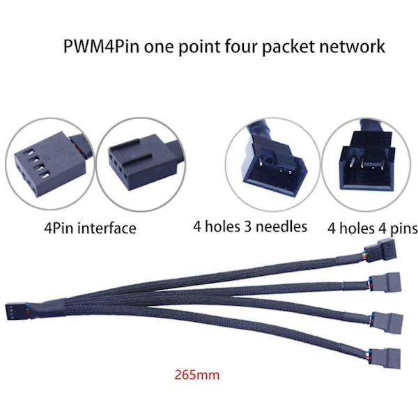1 - 4-suuntaisen tuulettimen laajennusjohto PWM-ohjauksella, nailonverkko PC-kotelon tuuletinhubiin