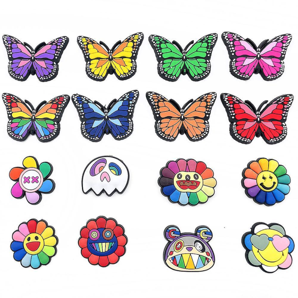 Blossom-sarjan koristeellinen set - 16-osainen perhos- ja auringonkukkadesign PVC-korkkikoru Crocsille
