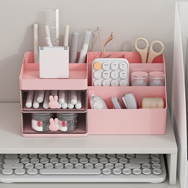 Kosmetisk arrangør med skuffer Flere rum Plastik Stor kapacitet Makeup display etui til læbestifter Smykker Pink