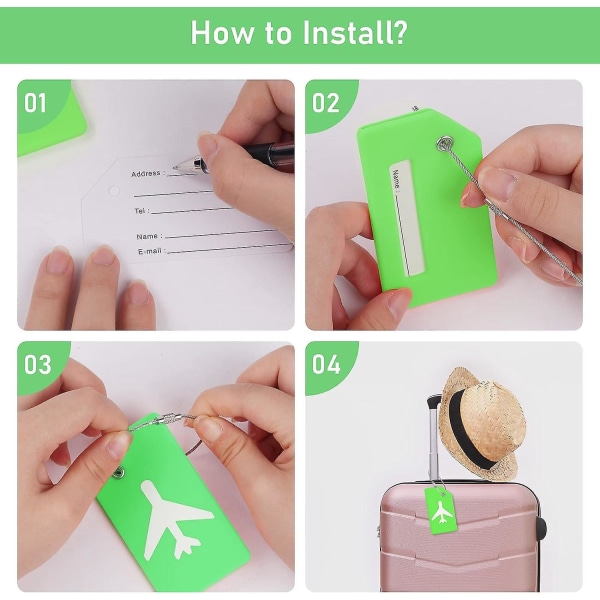 Sett med 2 grønne silikon-bagasjemerker med ID-kort - Rustfrie stålstrenger - Håndveskemerke