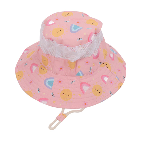 Baby Fisherman Hat Andningsbar Cartoon Tryckt Spädbarn Solskydd Hat med Vindtät Rep för 6 Månader till 3 År Gammal Rosa Sol