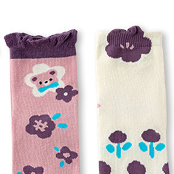 5 par babystrumpor med blommönster, volangkant, mjuka bomullsstrumpor för spädbarn, höst, lila, M (3-5 år)