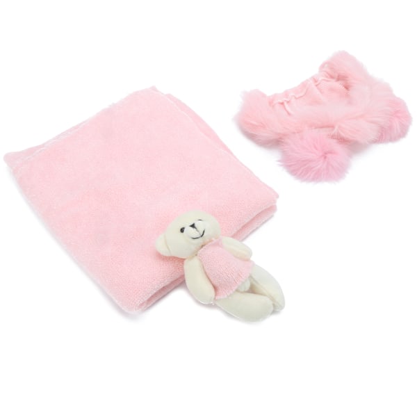 Newborn Wrap Infant Skin‑Friendly Lovely Hat Bear Doll Baby Photography Props OutfitPink Hat + Wrap + Doll