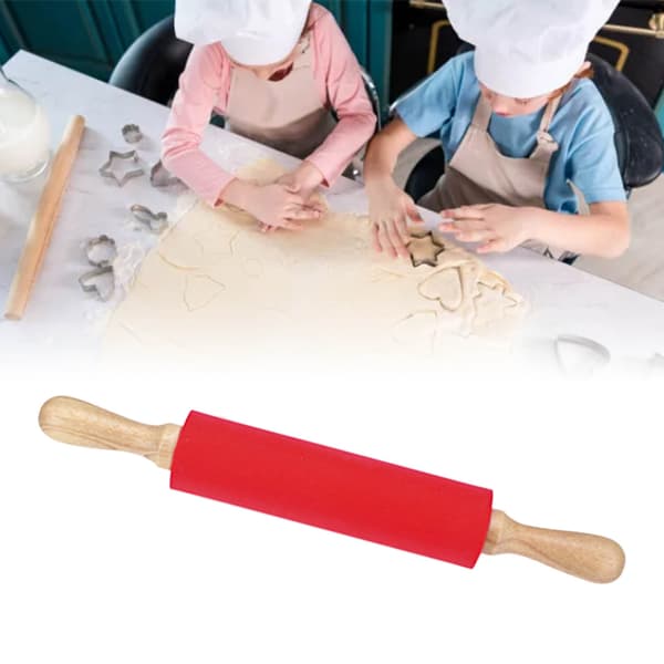 Forlenget kjevle i silikon med solid trehåndtak, non-stick overflate, bakeverktøy, rød