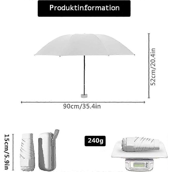 Paraply, Lommeparaply, Stormsikker, Lille Lommeparaply, Vindtæt, UV-beskyttelse, 6-ribbers Paraply, Foldbar Paraply - GSL Hvid