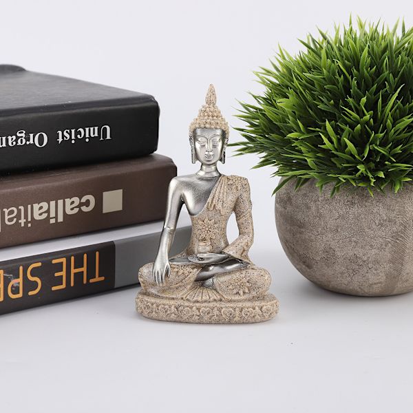 Mediterande sittande Buddha-statyetsnideri hantverk för heminredning bordsdekoration (#1)