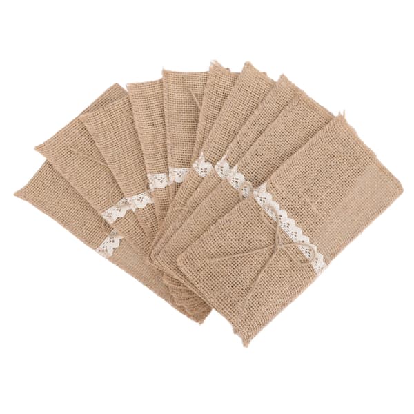 20 stk. bestikkholdere i burlap med blondekant for retro bryllupsfester, bursdager og mottakelser