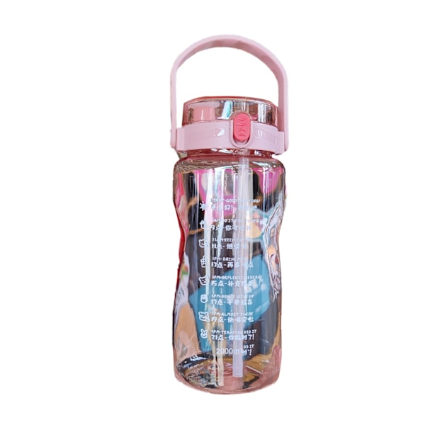 Vattenflaska för utomhussporter Plast Fitness vattenflaska Vattenkokare med extra stor kapacitet med dubbla sugrör Time Marker Rosa 2000ML