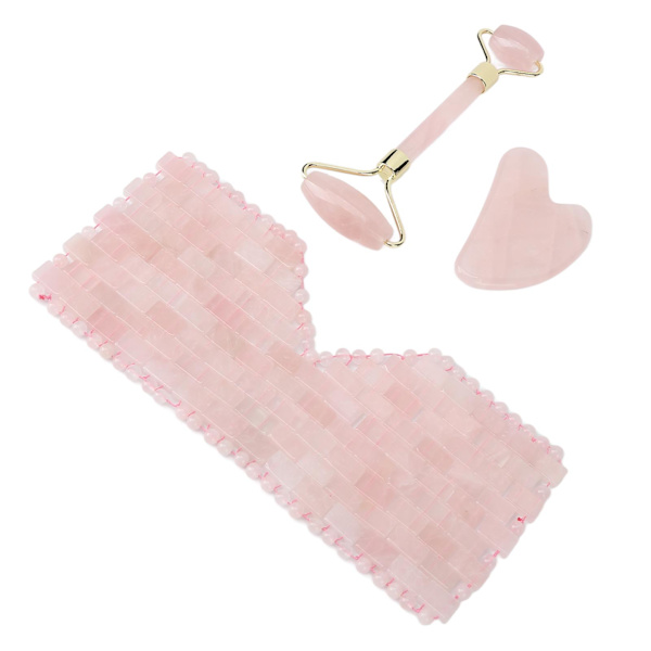 Gua Sha-sett i rosa krystall for øyefascial skraping og jadestenrullesett for hudpleie og muskelavslapping