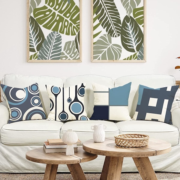 Blå geometriske mønster putetrekk - sett med 4, 45x45, dekorativ bomull og lin, for sofa og seng