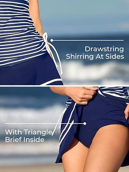 Two-piece swimsuit with striped top and skirt