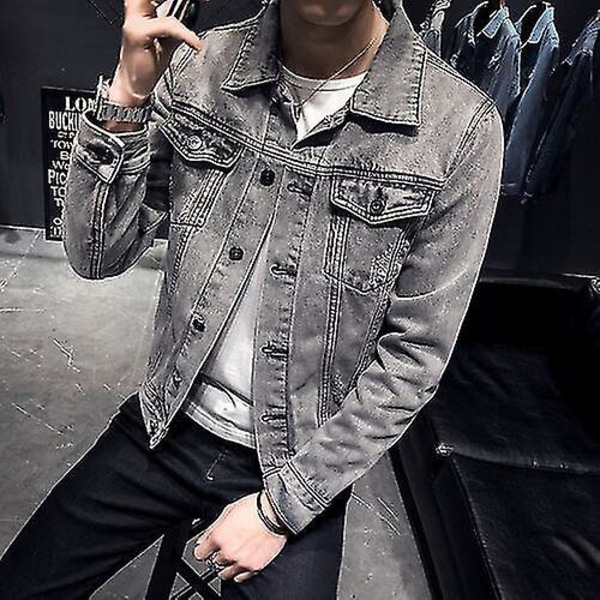 Retro Denimjacka för män - Snygg Streetwear Motorcykelrock med hål XL FÄRG grå