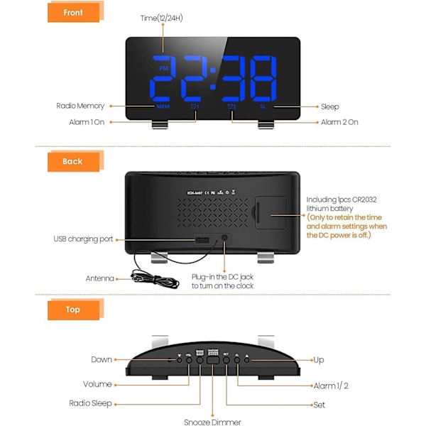 FM Klockradio Digital Väckarklocka Radio Dubbla Alarm 15 Radiostationer Justerbar Volym 4 Ljusstyrkor Automatisk Digital Väckarklocka Digital
