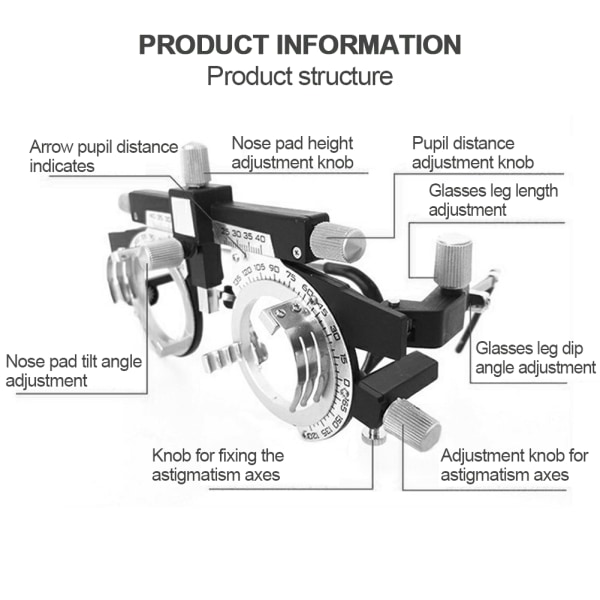 Profesjonell justerbar optisk prøvelinseinnfatning Briller Optometrisk innfatning PD 48-80 mm