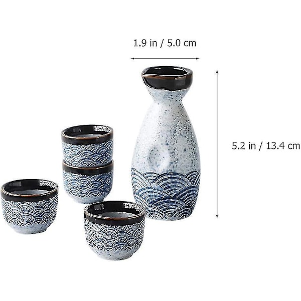 Japansk Sake-sett med 1 keramisk karaffel og 4 kopper