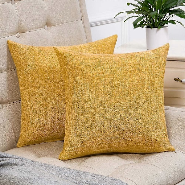 Sæt med 2 gule pudebetræk rustik linned dekorative firkantede pyntepudebetræk 45x45 cm til sofa dekoration