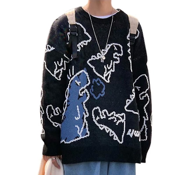 Søt Dinosaur Trykk Unisex Oversized Strikket Genser Topp - Svart