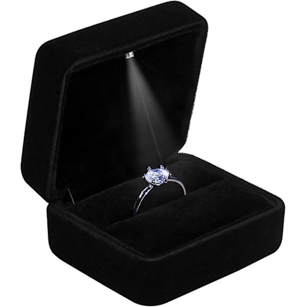 Sort LED Light Velvet Ring Box til bryllup, frieri og forlovelse