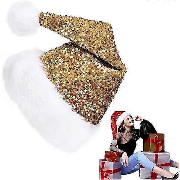 Paljett Tomtehatt Julhattar 35 * 45CM, Klassisk Julhatt Sammet Plysch Tomtehatt (Guld)