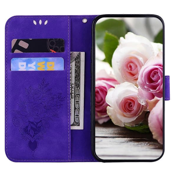 Samsung Galaxy A41 -kotelo perhosruusukuvioisella nahalla Purple