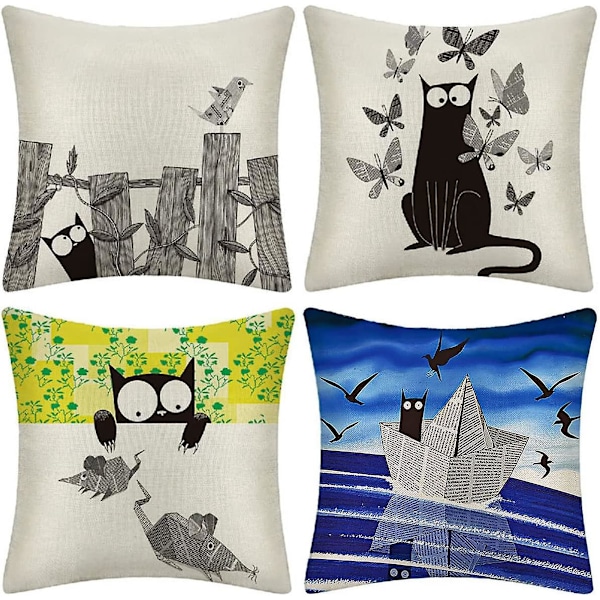 Sæt med 4 pudebetræk 45x45cm Polyester Linned Pudebetræk Søde Katte Dekorativt Pudebetræk til Soveværelse Stue Kontor Have Sofa (Sort Kat