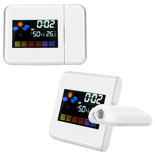 Inomhusprojektion LED-klocka Termometer Hygrometer Väderprognos Snooze Evighetskalender Vit