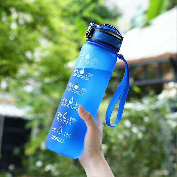 1000 ml Vandflasker med Tider til at Drikke og Sugerør, Motiverende Vandflaske med Tidsmarkering, Tritan & BPA Fri, Drik Blå