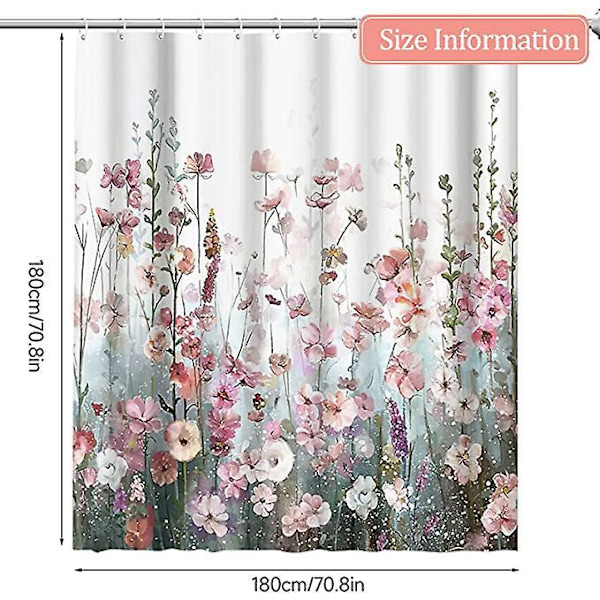 Skimmelresistent bruseforhæng, stofbruseforhæng 120x180cm, vandtæt vaskbart polyester badeforhæng med kroge, blomsterbuskmønster