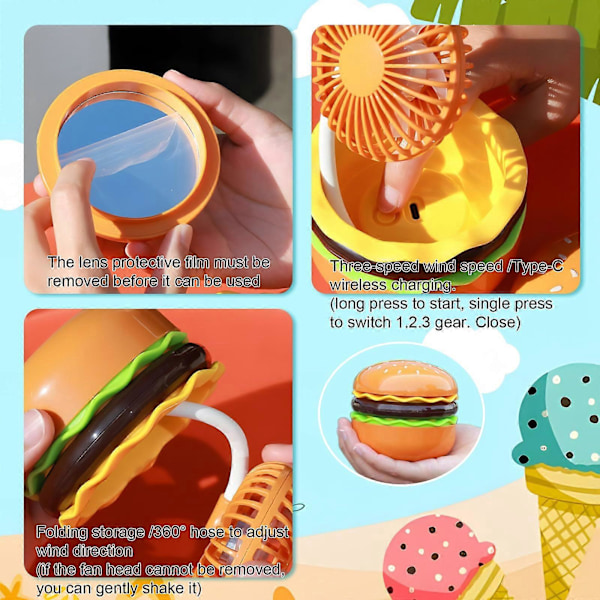 Söt Burger Fläkt Uppladdningsbar Burger Skrivbordsfläkt Justerbar Halsfläkt med Sminkspegel Kawaii Skrivbordstillbehör Dekoration -GSLA gul