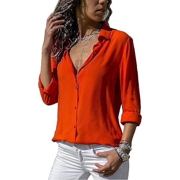 Monokrom V-hals Chiffonbluse til kvinder - Langærmet (Orange)