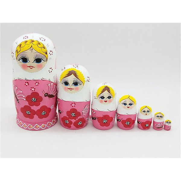 7-lagers blond flicka Trä Matryoshka Nesting Doll Toy Set för småbarn - Rosa Babushka Dolls Present för barn