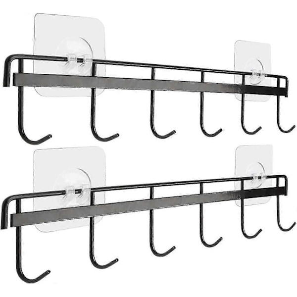 Redskapshängare med 6 Krokar, Borrfri Väggmonterad Självhäftande Väggkrokar Hylla för Kök Badrum Sovrum 2-pack